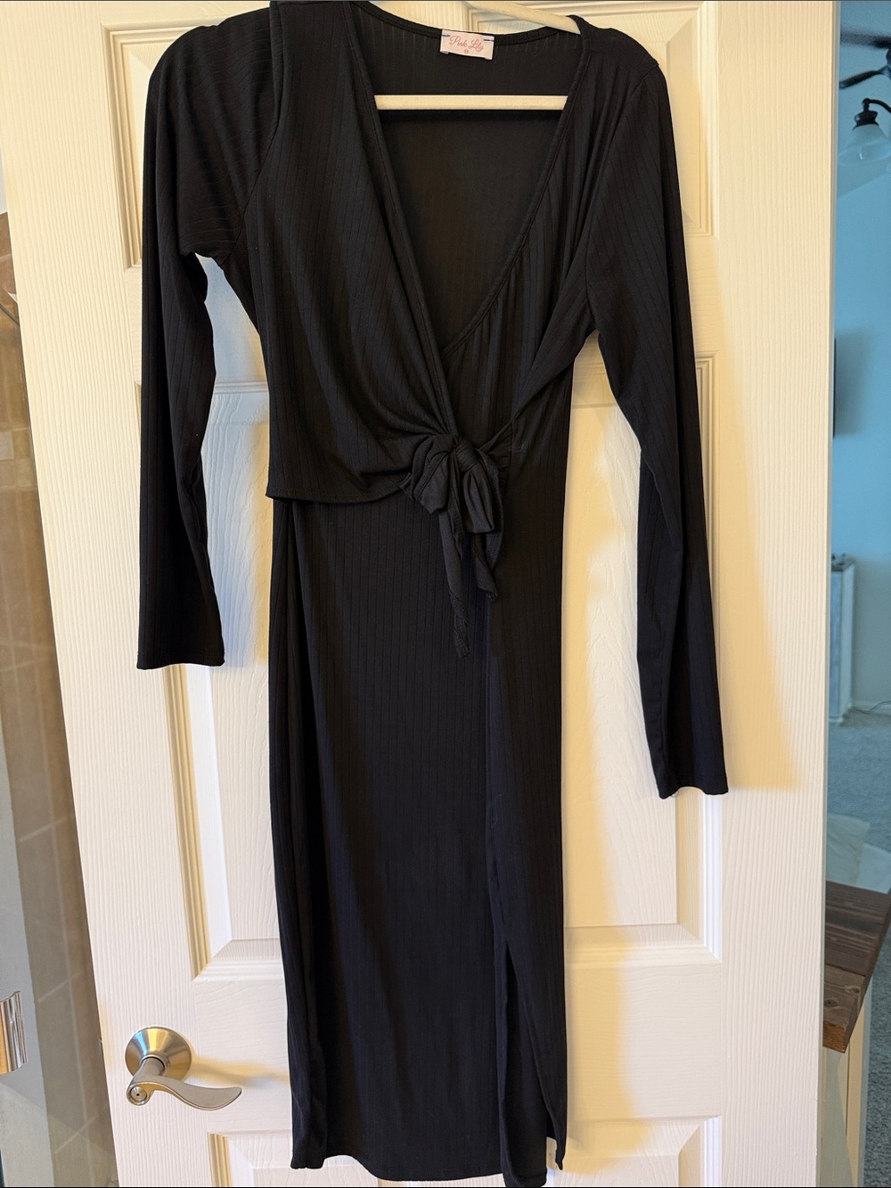 Pink Lily Black Long Sleeve Tie-Front Midi Dress